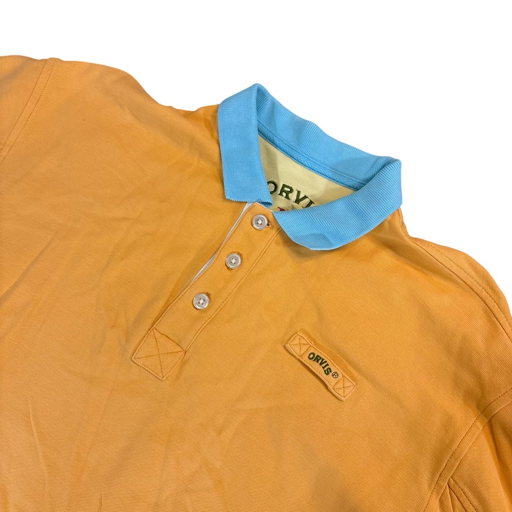 ORVIS Polo Shirt Mens XL Orange Blue Collar Cotton Fish Logo Blemish Peru